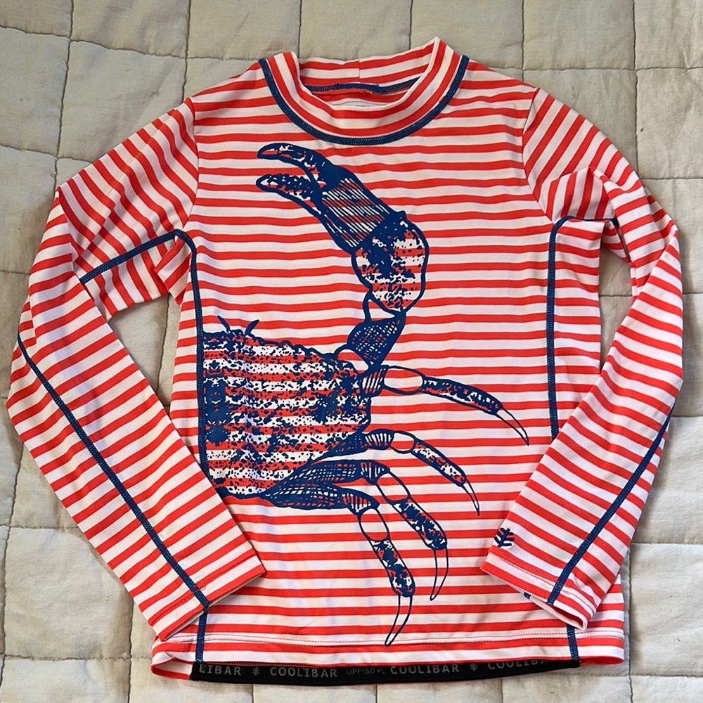 Coolibar Orange and White Striped Rash Guard with Blue Crab Design, UPF 50+